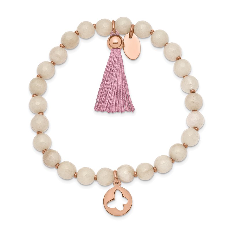 Stainless Steel Polished Rose IP-plated Butterfly 6mm Pink Agate Beaded Stretch Bracelet with Tassel