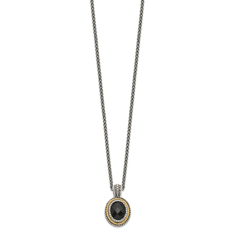 Sterling Silver with 14K Accent 18 Inch Antiqued Checkerboard-cut Black Onyx Necklace