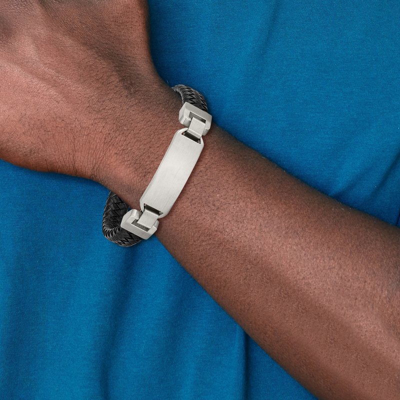Stainless Steel Brushed Black Leather 8.5 inch ID Bracelet