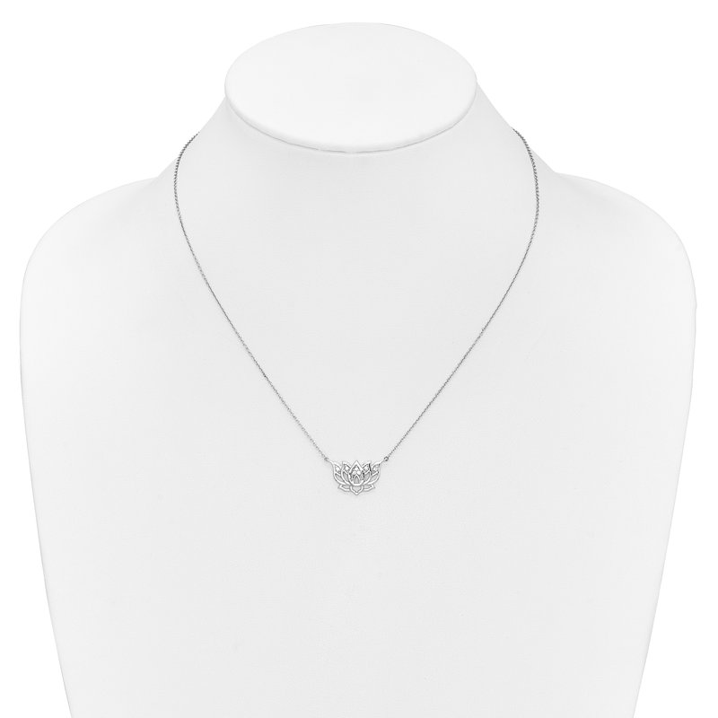 14k White Gold 1/15 carat Diamond Lotus Flower 18 inch Necklace