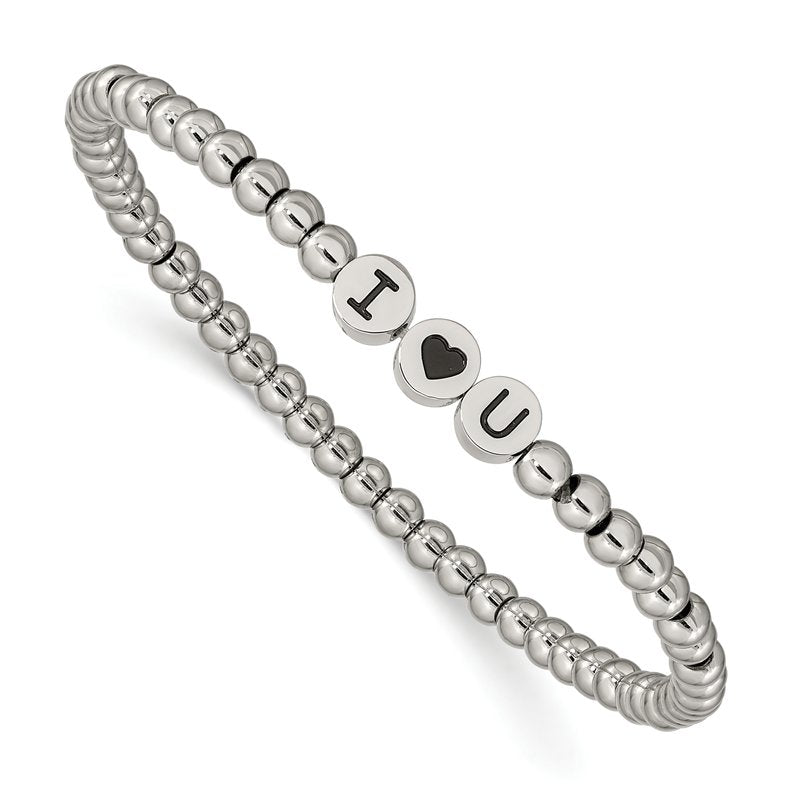 Stainless Steel Antiqued and Polished I HEART U 4mm Beaded Stretch Bracelet