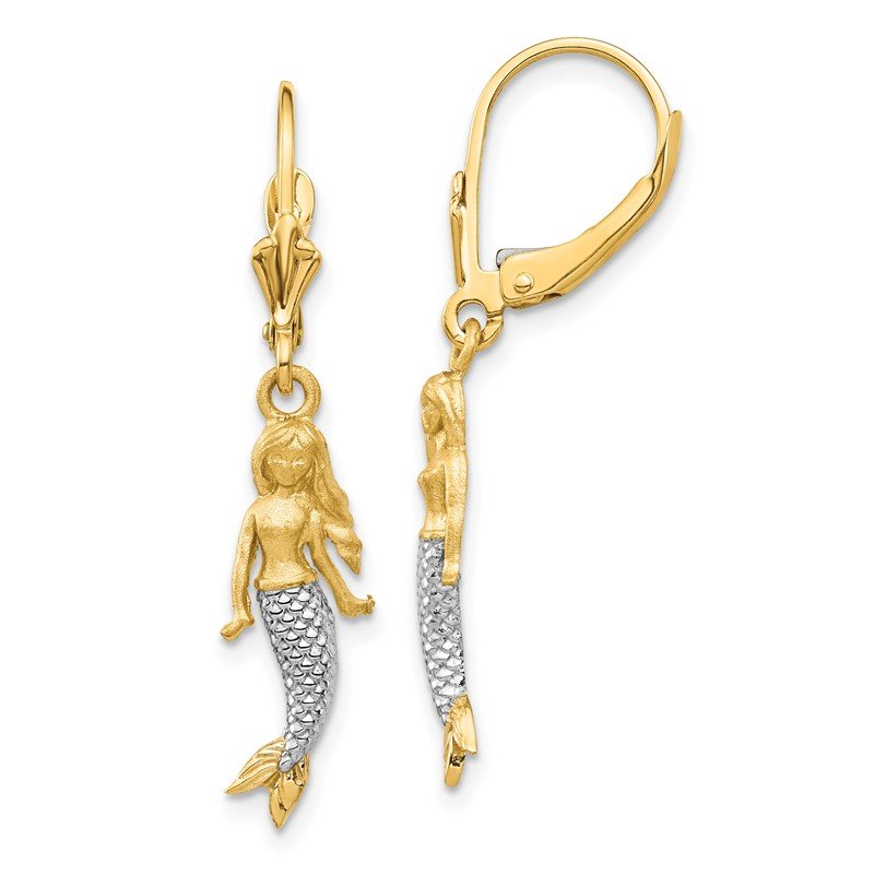 14K and White Rhodium Brushed &amp; Polished Mermaid Earrings
