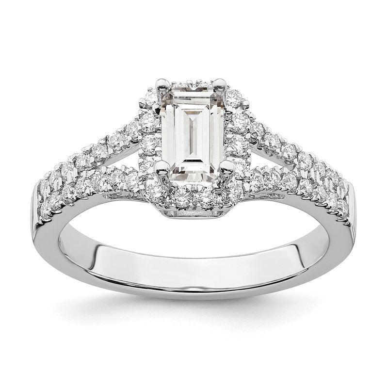 14K White Gold 3/8 carat Lab Grown Diamond VS+ F+ Semi-Mount Emerald Halo Engagement Ring