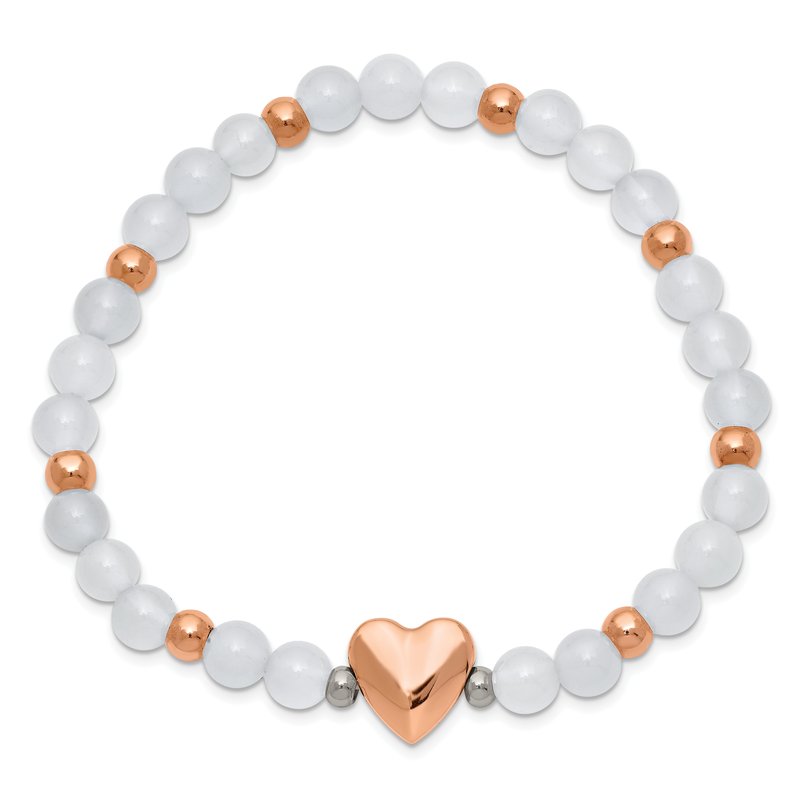 Stainless Steel Polished Rose IP-plated Heart 6mm White Agate Beaded Stretch Bracelet