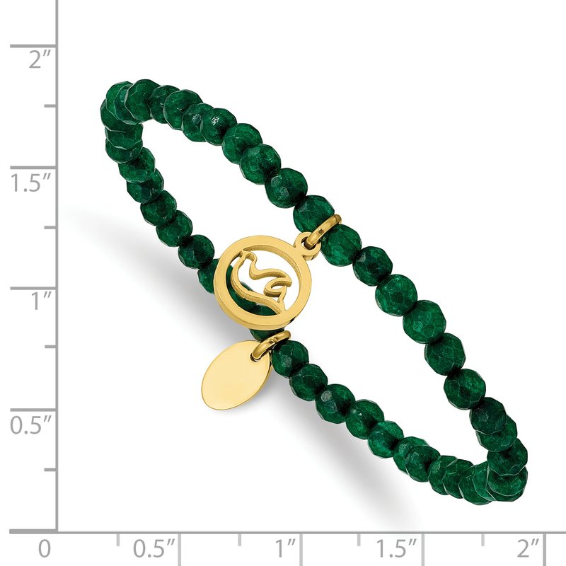 Stainless Steel Polished Yellow IP-plated Dove 4mm Green Jade Beaded Stretch Bracelet
