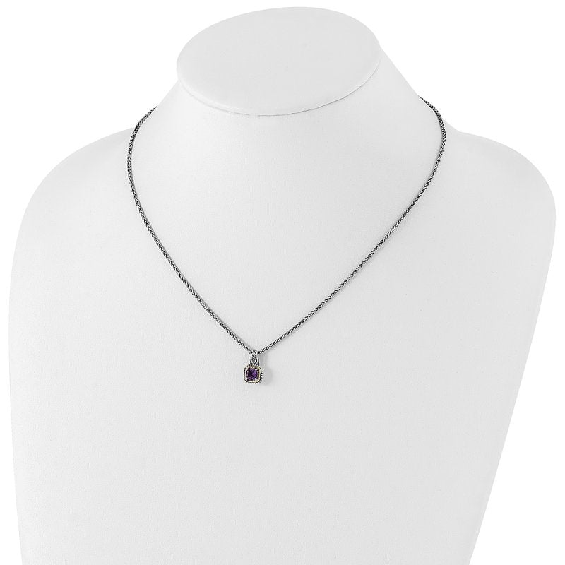 Sterling Silver with 14K Accent 18 Inch Antiqued Cushion Amethyst Necklace