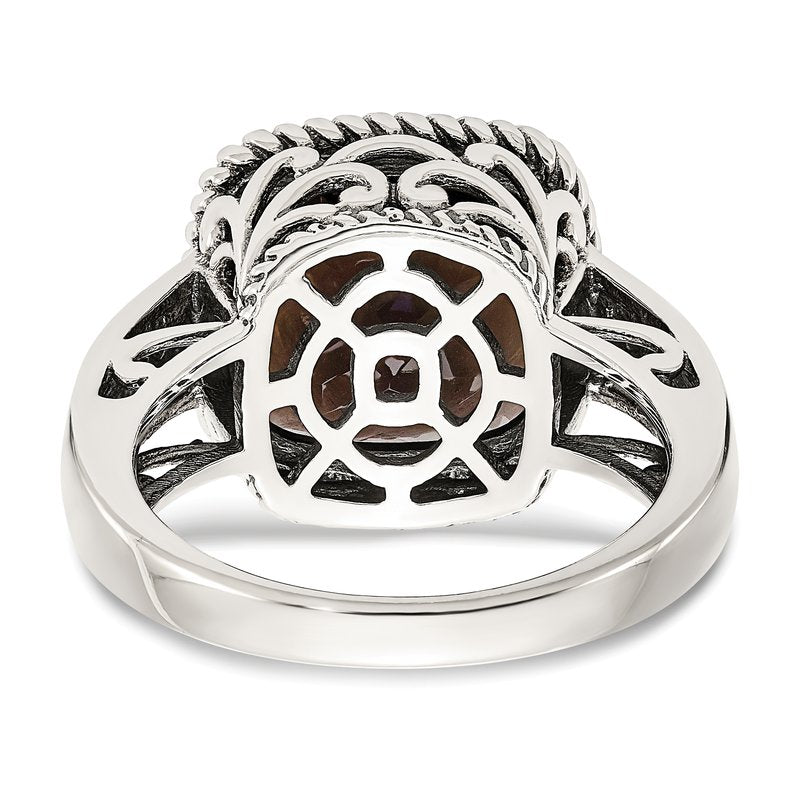 Sterling Silver with 14K Accent Antiqued Cushion Checkerboard Smoky Quartz Ring