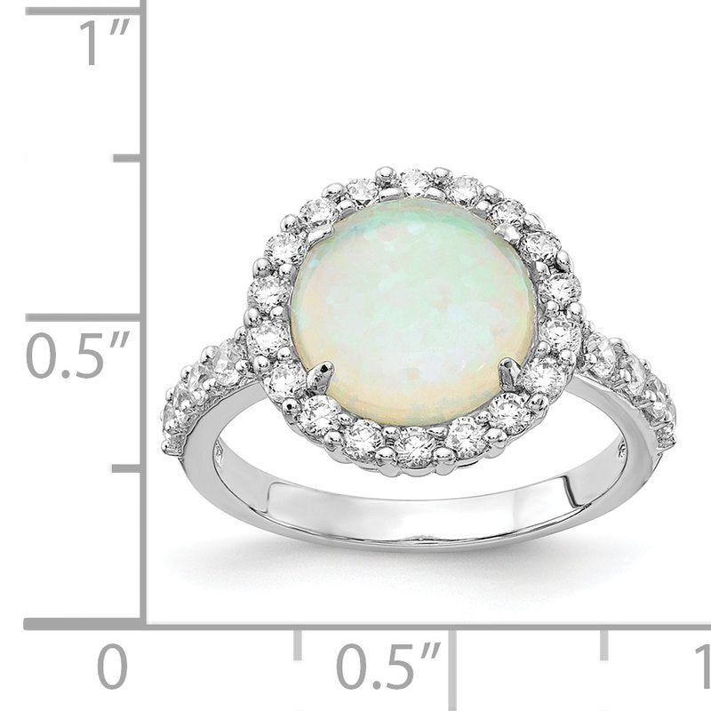 Sterling Silver Rhodium-plated Cabochon Lab Created Opal and Brilliant-cut CZ Halo Ring