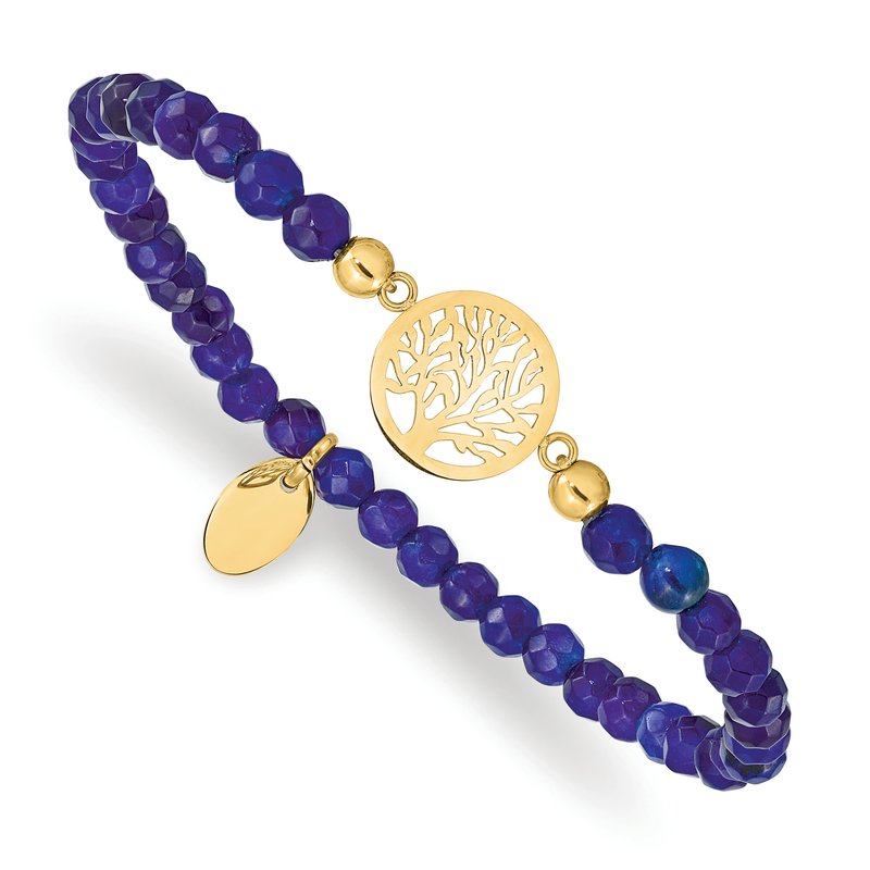 Stainless Steel Polished Yellow IP-plated Tree of Life 4mm Blue Jade Beaded Stretch Bracelet