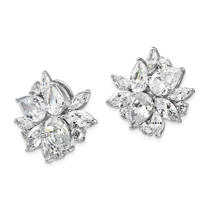 Sterling Silver Rhodium-plated Brilliant-cut &amp; Marquise-cut CZ Cluster Post Omega Back Earrings