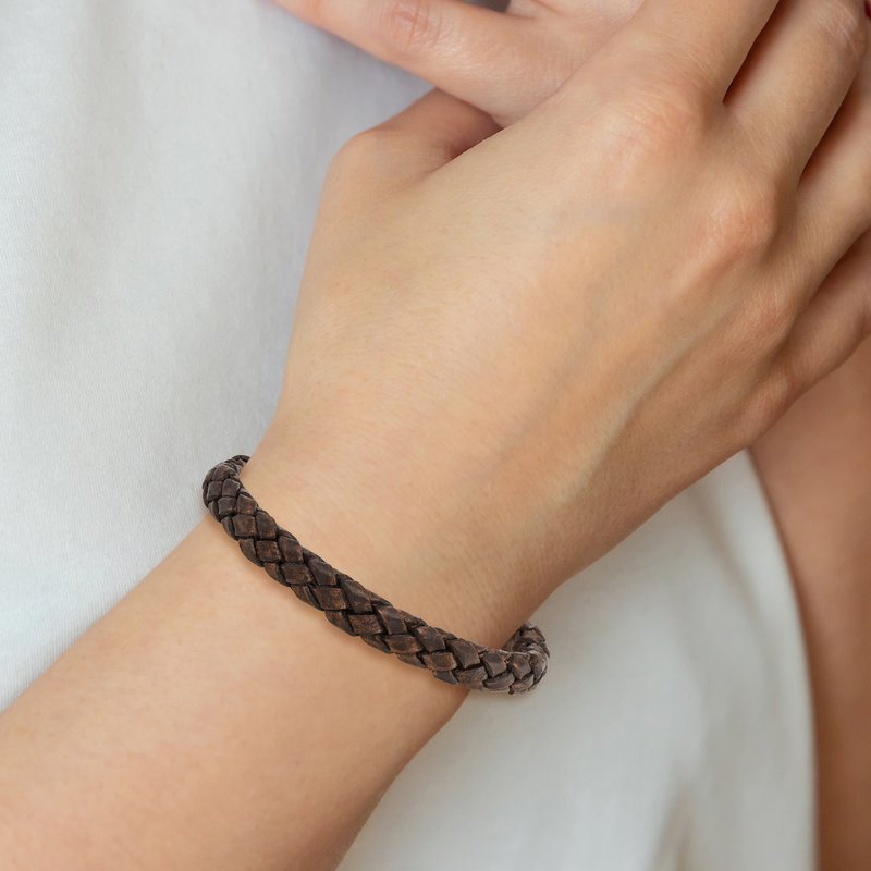 Stainless Steel Polished Brown Woven Leather 8.75 inch Bracelet