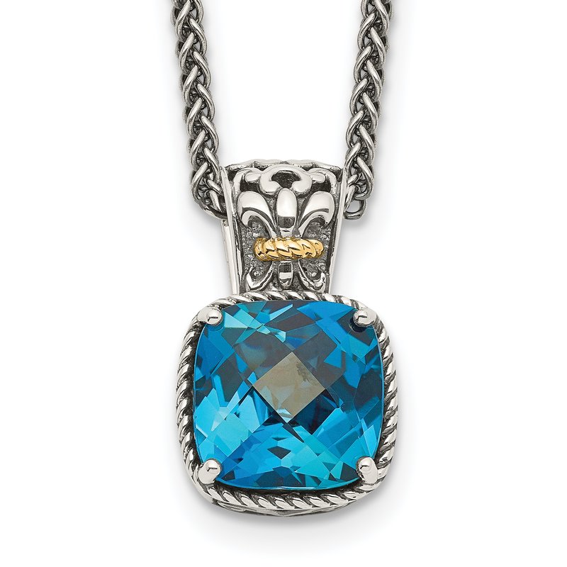 Sterling Silver with 14K Accent 18 Inch Antiqued Cushion London Blue Topaz Necklace