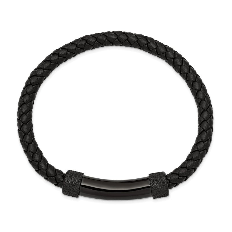 Stainless Steel Polished Black IP-plated Black Braided Leather 8.25 inch Bracelet