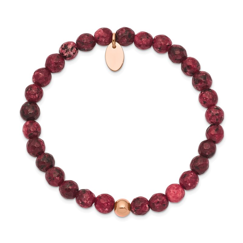 Stainless Steel Polished Rose IP-plated 6mm Red Jade Beaded Stretch Bracelet