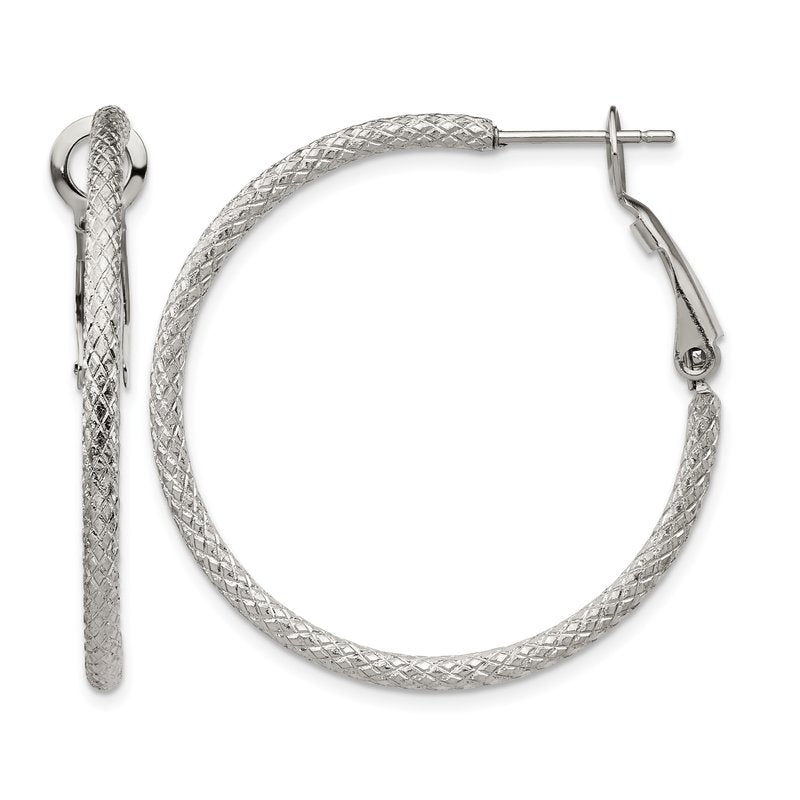Stainless Steel Polished and Textured 2mm Omega Back Hoop Earrings
