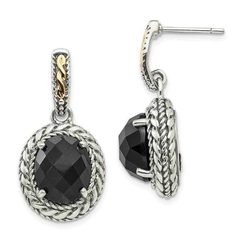Sterling Silver with 14K Accent Antiqued Checkerboard-cut Black Onyx Post Dangle Earrings