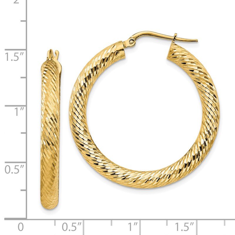 14k 4x25mm Diamond-cut Round Hoop Earrings