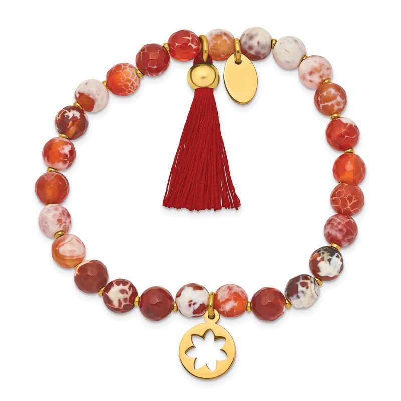 Stainless Steel Polished Yellow IP-plated Flower 6mm Orange Agate Beaded with Tassel Stretch Bracelet