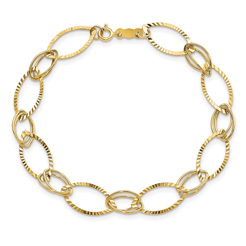 14K Polished and Textured Fancy Oval Link 7.25 inch Bracelet