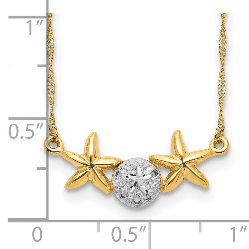 14K with White Rhodium Brushed and Polished Sand Dollar and Starfish 18 inch Necklace