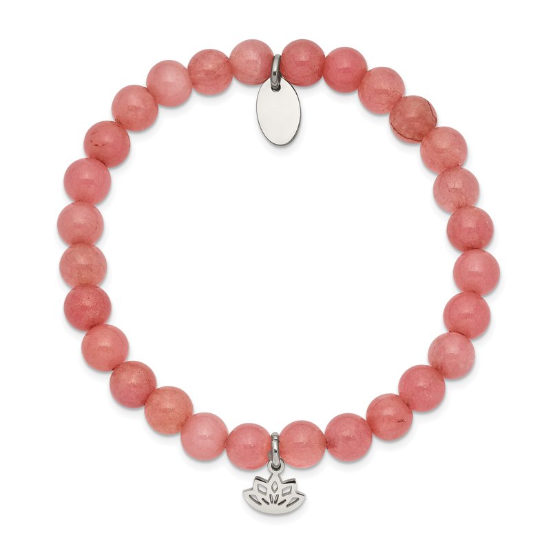 Stainless Steel Polished Lotus 6mm Pink Jade Beaded Stretch Bracelet
