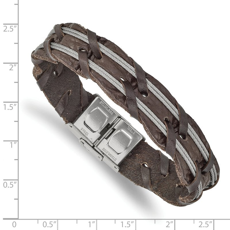Stainless Steel Polished Cable and Brown Leather 8.5 inch Bracelet