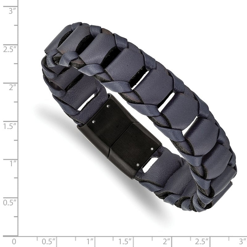 Stainless Steel Brushed Black IP-plated Blue Leather 8.5 inch Bracelet