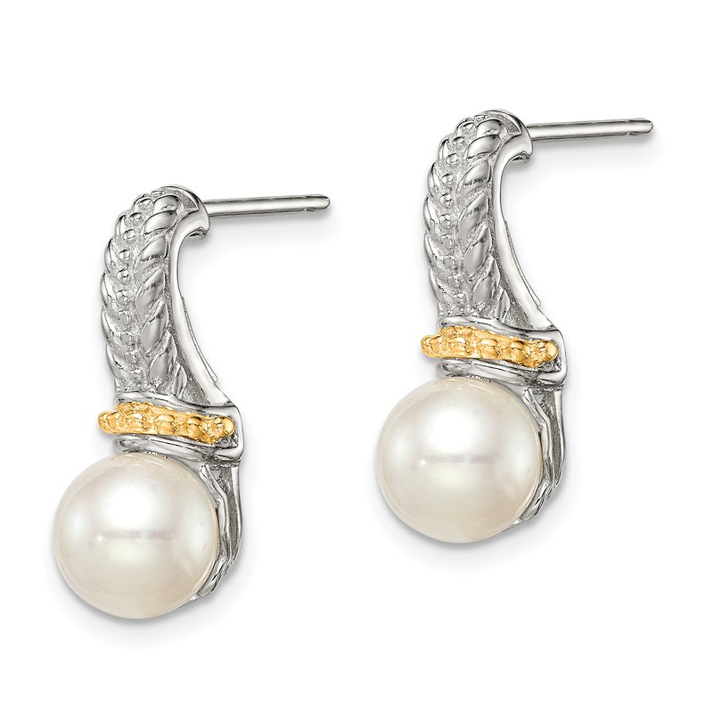 Sterling Silver Rhodium-plated with 14K Accent 7-8mm Freshwater Cultured Pearl Post Dangle Earrings