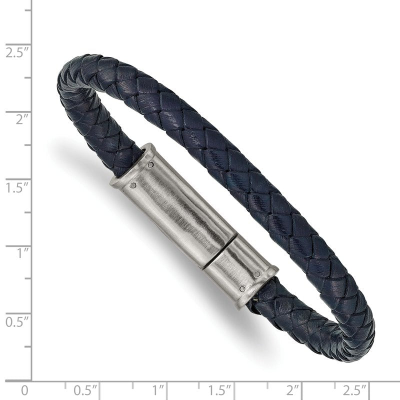Stainless Steel Brushed Navy Blue Braided Leather 8.25 inch Bracelet