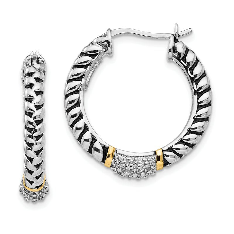 Sterling Silver with 14K Accent Antiqued Diamond Hoop Earrings