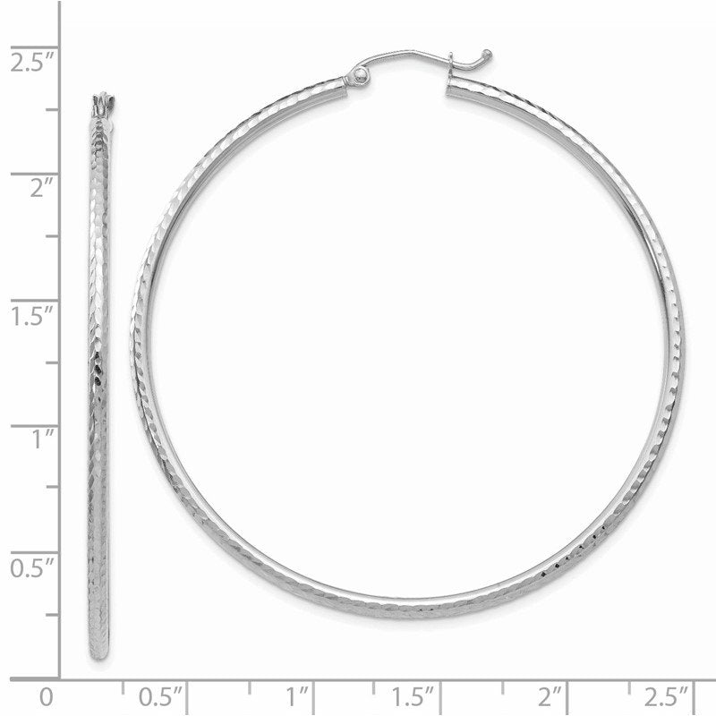 14k White Gold 2x55mm Diamond-cut Round Tube Hoop Earrings