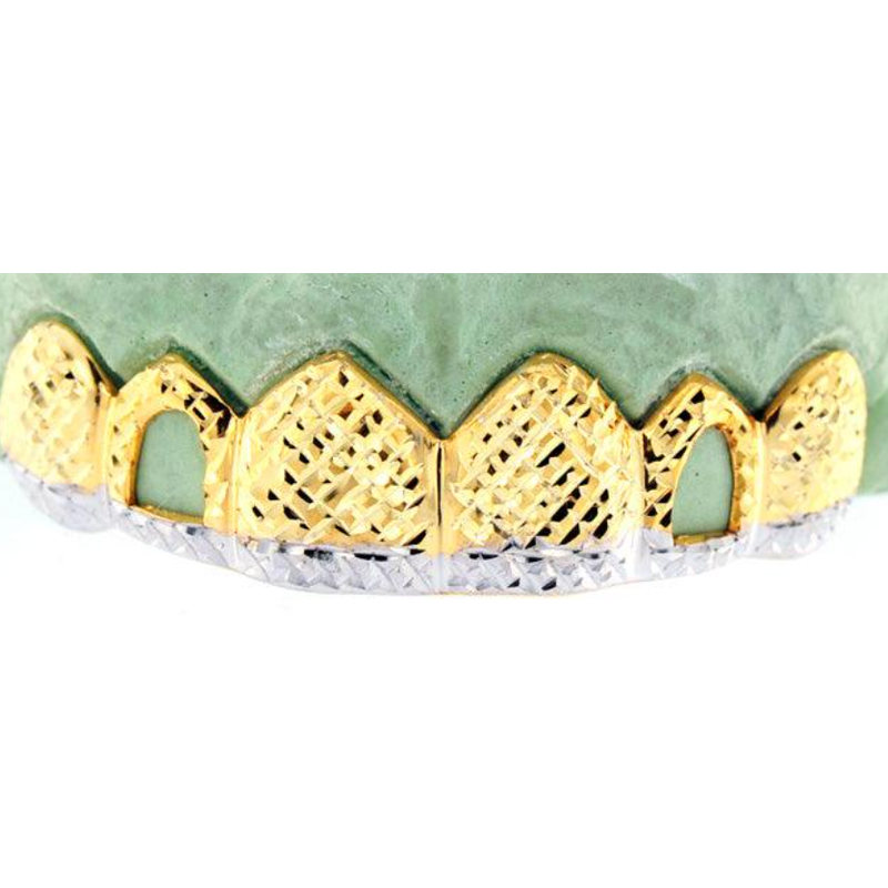 yellow &amp; white gold, diamond cut grill, 6 teeth 2 open face