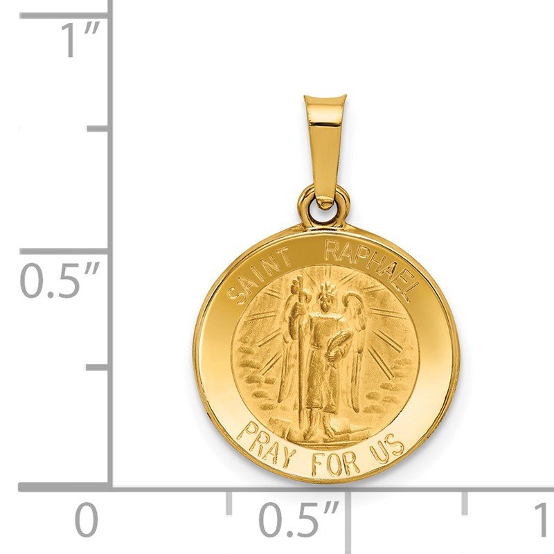 14k Polished and Satin Hollow St Raphael Medal Round Pendant