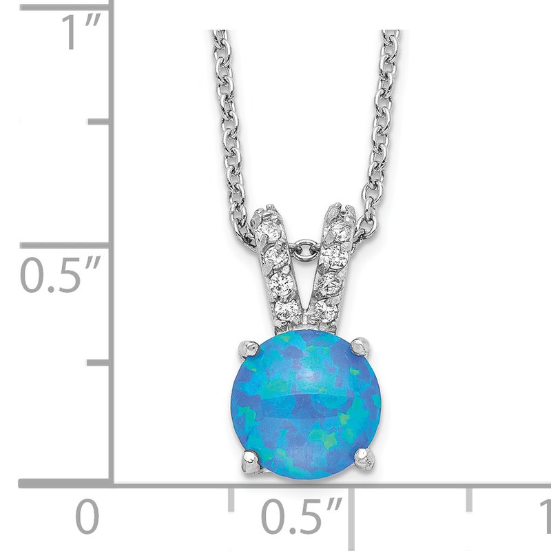 Sterling Silver Rhodium-plated Cabochon Lab Created Blue Opal and Brilliant-cut CZ Split Bail 18.5 Inch Necklace