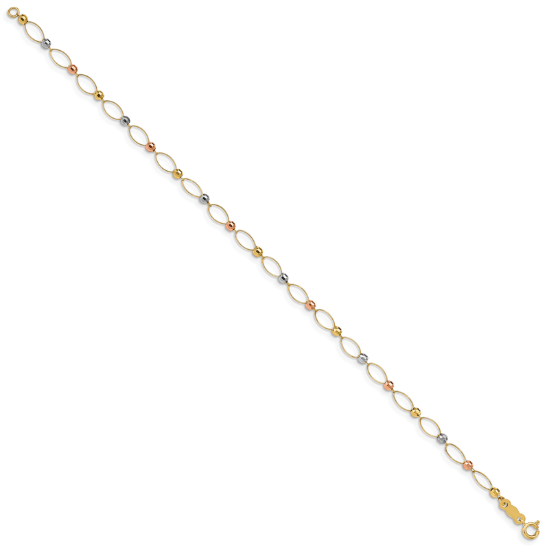 14K Tri-color Oval Link with Mirror Beads 7 inch Bracelet