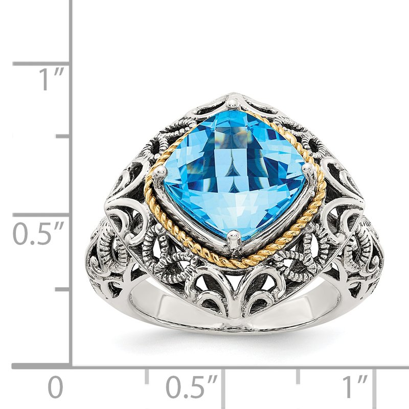 Sterling Silver with 14K Accent Antiqued Cushion Blue Topaz Ring