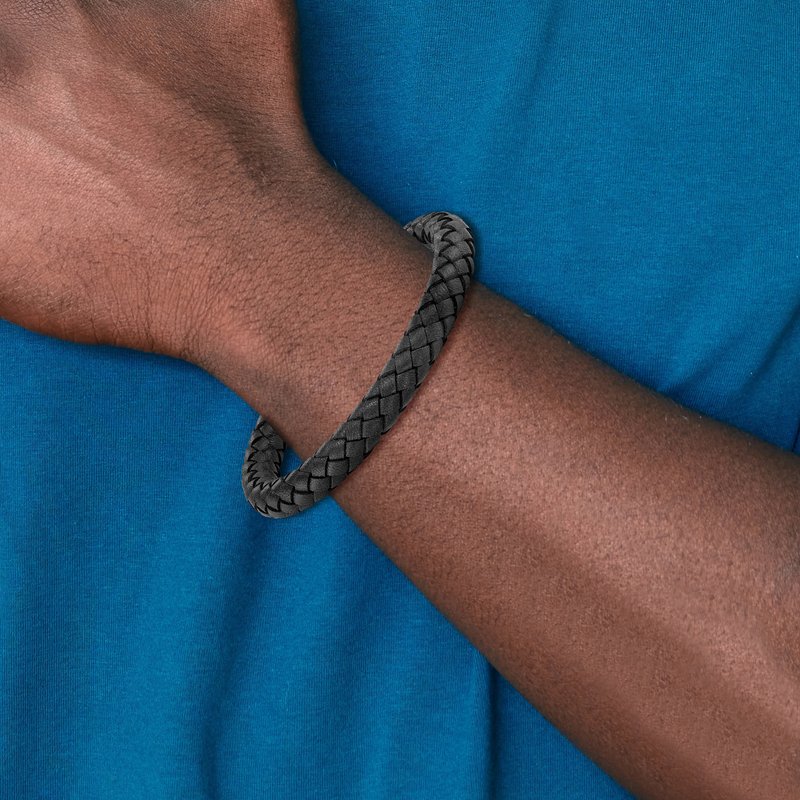 Stainless Steel Brushed Black Braided Leather 8.25 inch Bracelet