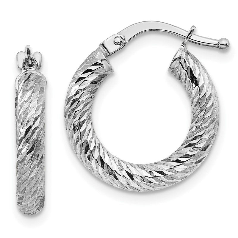 14k 3x16mm White Gold Diamond-cut Round Hoop Earrings