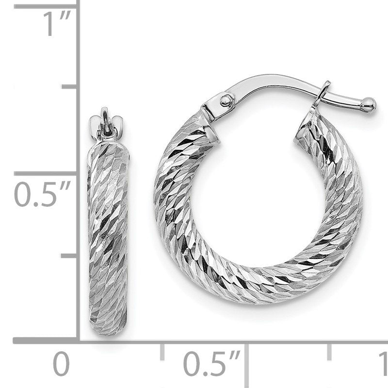 14k 3x16mm White Gold Diamond-cut Round Hoop Earrings