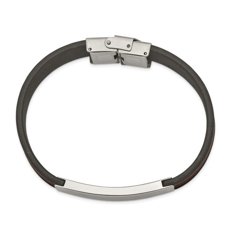 Stainless Steel Polished Brown Leather 8.25 inch ID Bracelet