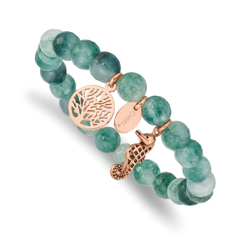 Stainless Steel Antiqued and Polished Rose IP-plated Seahorse and Tree of Life 8mm Green Dyed Jade Beaded Stretch Bracelet