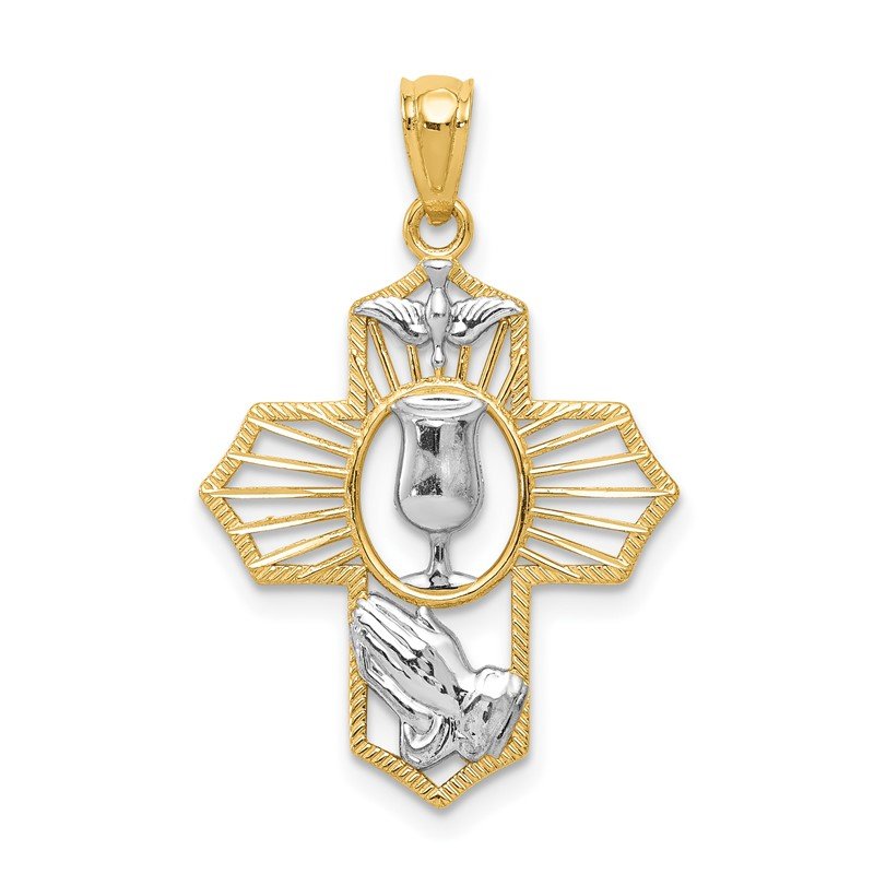 14k and White Rhodium Communion Cross with Dove and Praying Hands Pendant