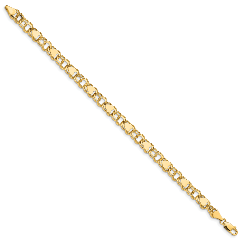 14k 7mm Solid Double Link with Hearts 7 inch Charm Bracelet