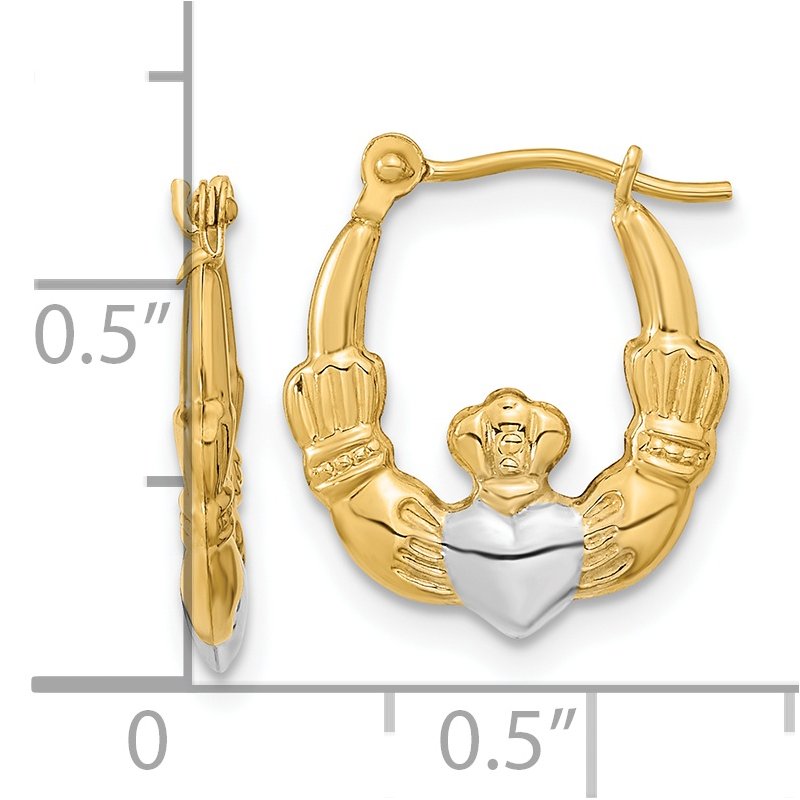 14k w/White Rhodium Polished Claddagh Hoops