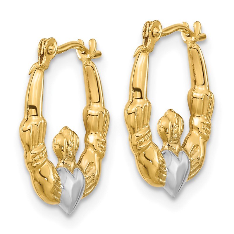 14k w/White Rhodium Polished Claddagh Hoops