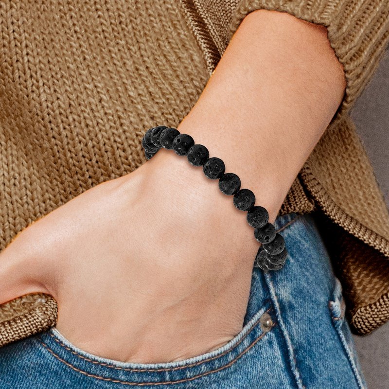 Stainless Steel Polished Black IP-plated 8mm Lava Rock Beaded Stretch Bracelet