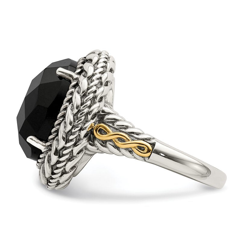 Sterling Silver with 14K Accent Antiqued Checkerboard-cut Black Onyx Ring