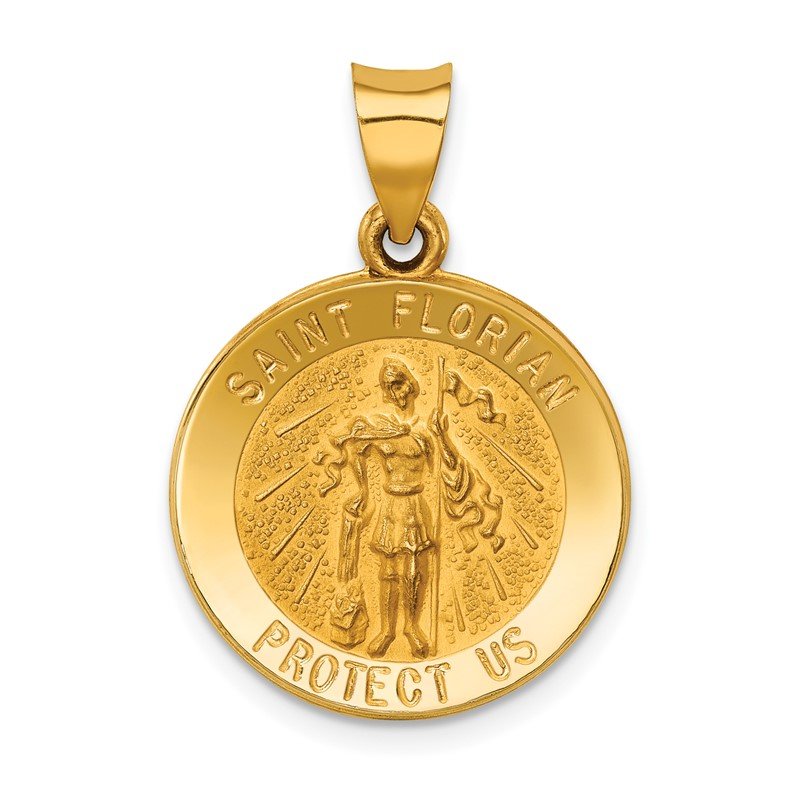 14k Polished and Satin Hollow St Florian Medal Round Pendant