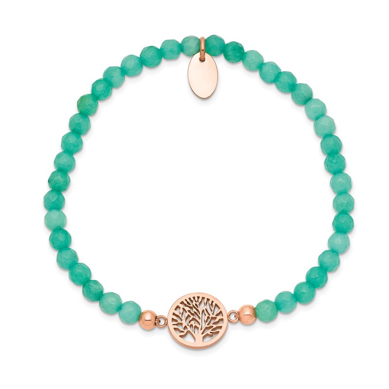 Stainless Steel Polished Rose IP-plated Tree of Life 4mm Mint Jade Beaded Stretch Bracelet