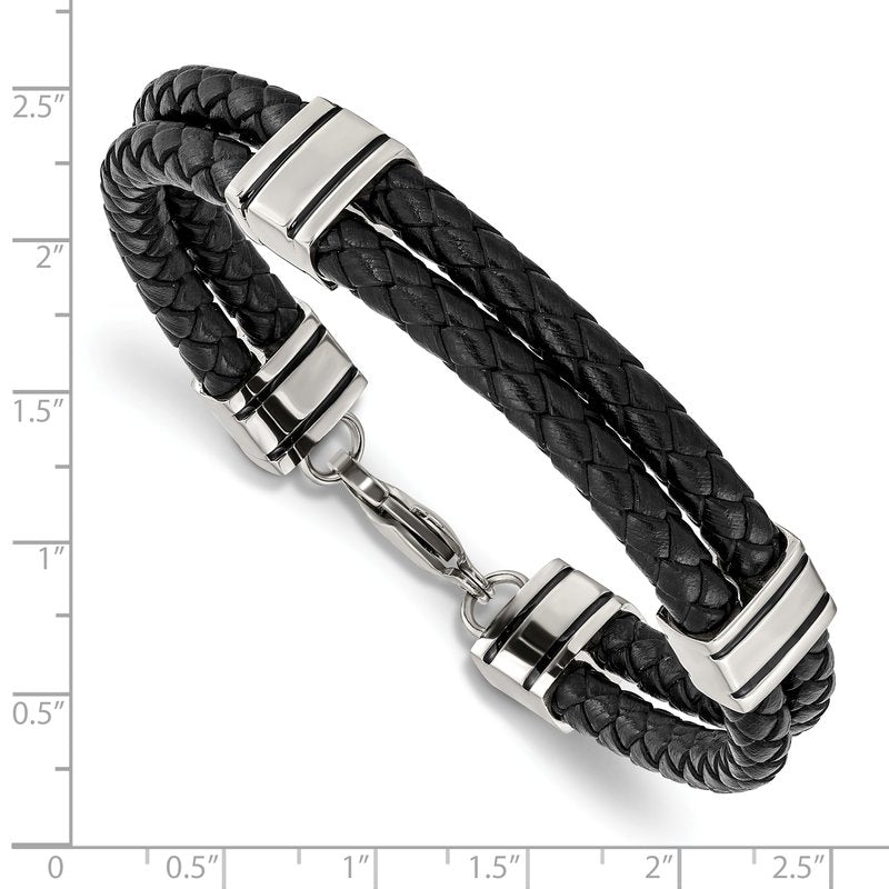 Stainless Steel Polished Braided 2 Strand Black Braided Leather 9 inch Bracelet